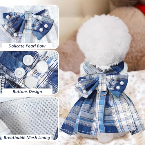 Dog Dress Bowknot Harness Leash Set for Small Dogs Girl Cute Plaid Dog Dress Pearls Bow Tie Spring Summer Princess Clothes...