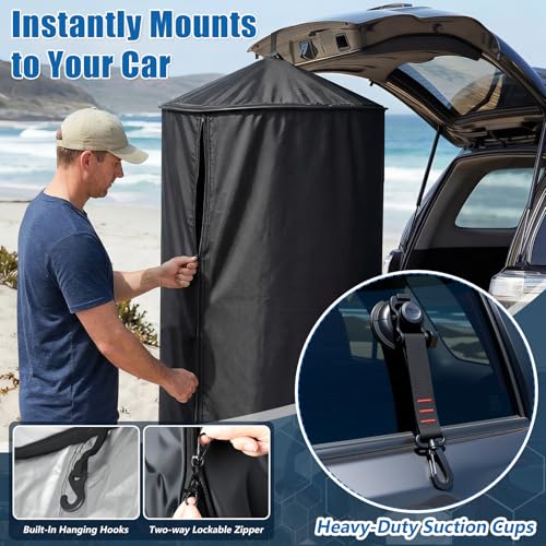 Pop Up Privacy Tent for Car, 69in Portable Camping Shower Tent with Liftgate Suction Pod and Hanging Straps, 210D Silver C...