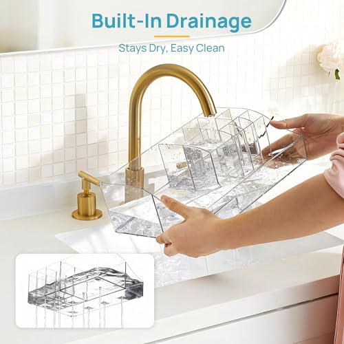 Vtopmart 5 PCS Bathroom Countertop Organizer, 1 Divided Tray with 4 Qtip Holder Jars, Restroom Clear Organizers for Toothb...