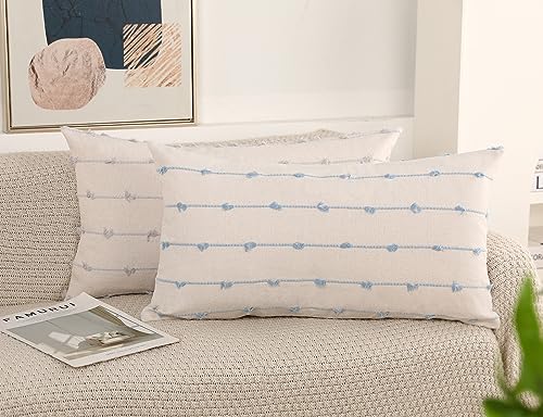 NUYECY Boho Long Lumbar Pillow Covers 16 x 26 Blue,Classic Stripe Pattern Cotton Decorative Long Lumbar Pillow Case Cushio...