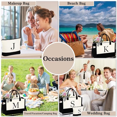 YOOLIFE Mothers Day Gifts - Initial Canvas Tote Bag & Makeup Bag, Birthday Gifts for Women Mom Sister Friends