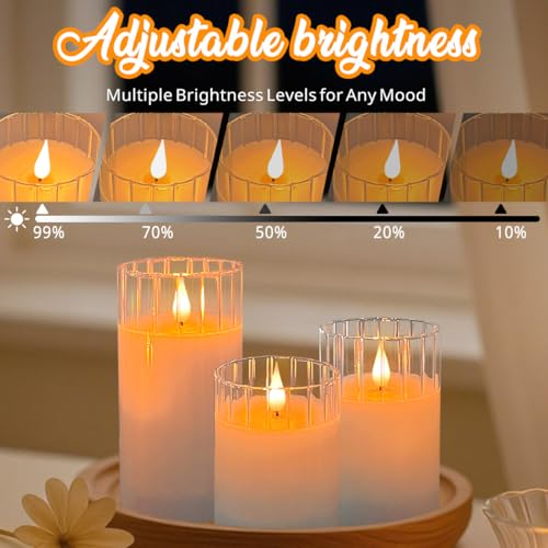 LEDHOLYT Rechargeable Flameless Glass Pillar Candles – Remote & Timer – Set of 3 White Stripes Realistic Flickering LED Li...