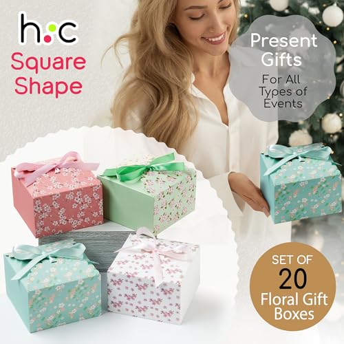 Small Floral Gift Boxes with Lids & Ribbons (20 Pack) 5.8” x 3.7” Empty Decorative Bakery Treat Boxes for Gift Giving, Coo...