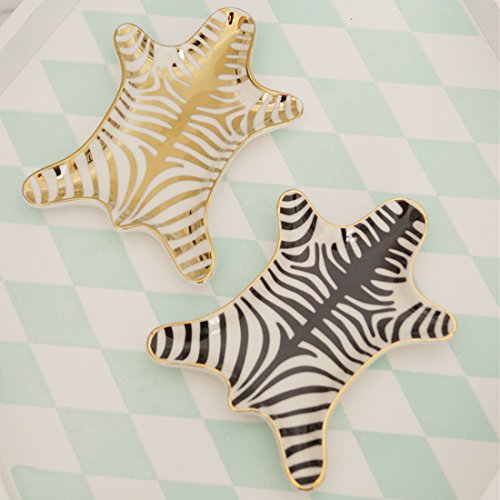 NUYKOUY Zebra Stripe Jewelry Tray Ceramic Dishes Plate Gilded 5.9", Gold