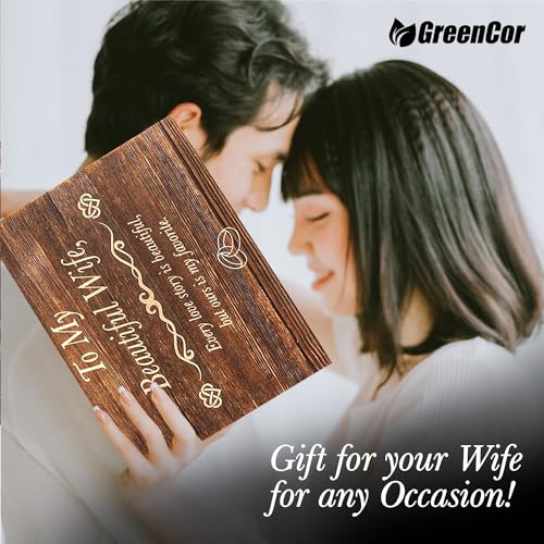 GreenCor Anniversary for Wife Engraved Wooden Gift Set 'To My Beautiful Wife' Includes Crystal Engraved Heart 24K Gold Dip...
