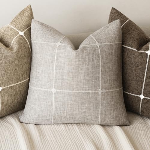 Foindtower Pack of 2 Decorative Faux Linen Jacquard Check Throw Pillow Covers Farmhouse Cushion Cover with Grid Textured A...