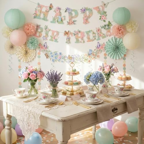Sage Green Blush Pink Birthday Decorations,Flower Butterfly Happy Birthday Banner, Wildflower Garland,Paper Lanterns Tissu...