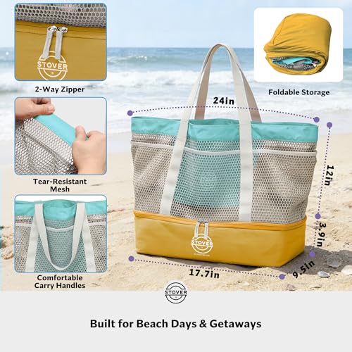 STOVER Extra Large Mesh Beach Bag, Vacation, Pool, Shopping & Travel Tote - Foldable w/Storage Pouch & Pockets for Women, Men
