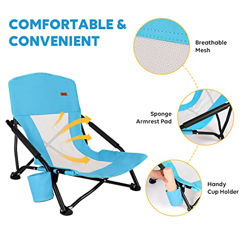 TOBTOS Low Beach Chair for Adults 2 Pack, Low Profile Folding with Cup Holder & Carry Bag, Heavy Duty Chair for Outdoor Sa...