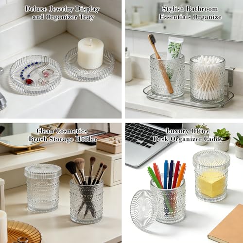 Bathroom Organizers and Storage, 4 pack Glass Qtip Holder, Bathroom Jars with Lids, Vanity Organizer for Cotton Rounds, Ba...