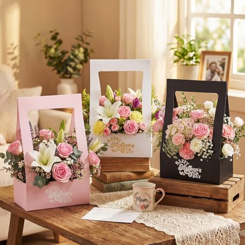 PerKoop 30 Pcs Mother's Day Flower Box for Arrangement Bouquet Bags for Flowers Gift Bags with Handle Waterproof Packaging...