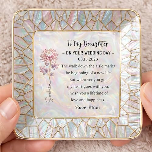 to My Daughter on Your Wedding Day, Personalized Floral Ceramic Jewelry Tray for Daughter from Mom, Custom Birth Flower Tr...
