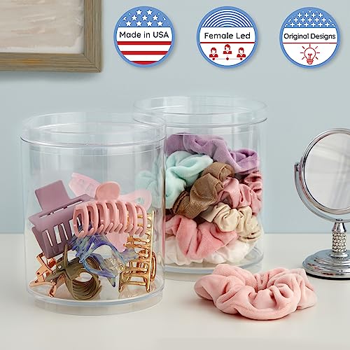 STORi Bella Tall Scrunchie Holder | Stackable Clear Plastic Container (Set of 2) Round Vanity Storage Organizers with Lids...