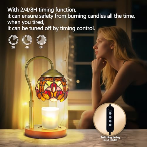 GlitzLamp Baroque Tiffany Style Candle Warmer Lamp with 2 Bulbs - Handcrafted Stained Glass, Height-Adjustable, Timer & 4 ...