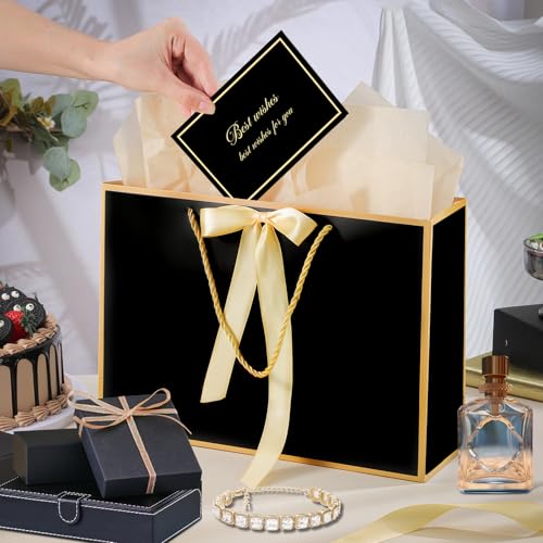 woric Black Gift Bags with Handles, 14" Medium Gift Bag with Tissue Paper, 2 Pcs Bags with 4 Tissue Paper and 2 Cards for ...