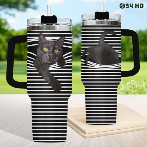 34HD Cute Black Cat Tumbler 40oz with Handle and Straw, Striped Peeking Cat Stainless Steel Vacuum Insulated Travel Coffee...