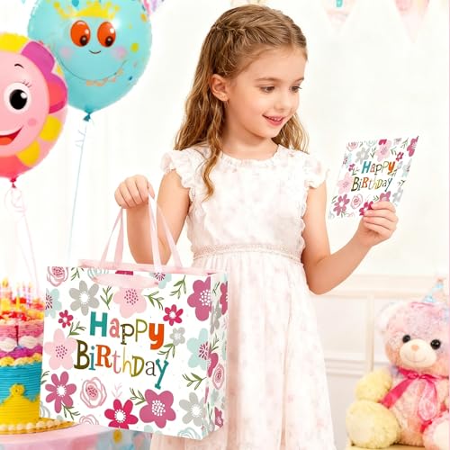 ASYEHJNR 13" Large Size Happy Birthday Gift Bag Pink Gray Teal Floral Flower with Colorful Happy Birthday Sign Boho Gift B...