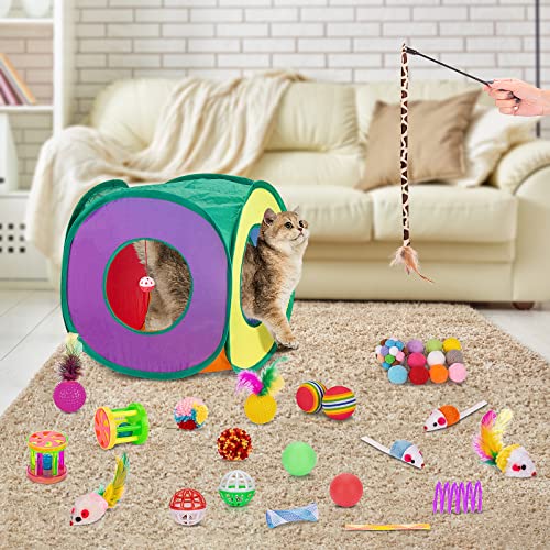 Retro Shaw Cat Toys Pack 33Pcs, Interactive Kitten Toys for Indoor Cats Kitty with Collapsible Play Tunnel Tent, Feather T...