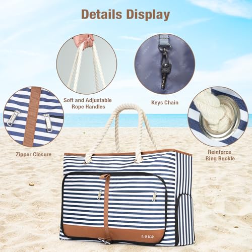 Lekespring Beach Bag for Women - 35L Large Tote Bag, Waterproof & Sandproof, Zippered Carry On Bag for Pool, Beach & Travel