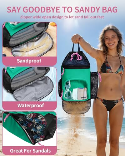 WANDF Swim Bag with Wet Pockets, Sandproof Beach Backpack with 40oz Tumbler Side Pockets, Mesh Drawstring Backpack Swim Ba...