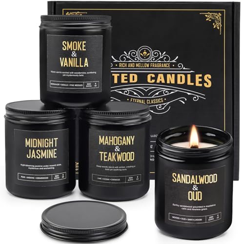 Crackling Wood Wick Candles for Men: 4 Pack 36oz Soy Scented Candles for Home Scented, Up to 200H Burning, Masculine Mens ...