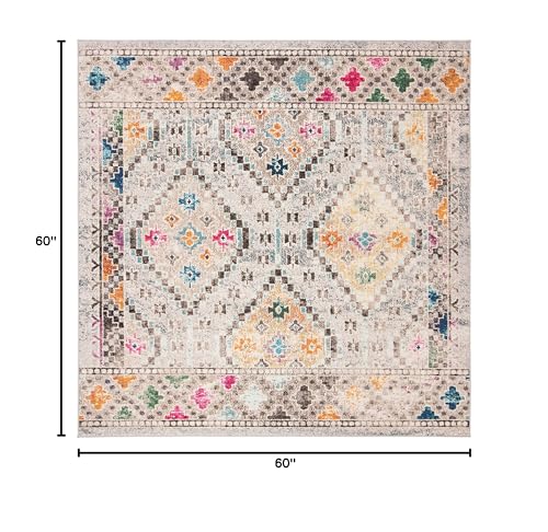 SAFAVIEH Madison Collection Area Rug - 5' Square, Grey & Yellow, Boho Diamond Distressed Design, Non-Shedding & Easy Care,...