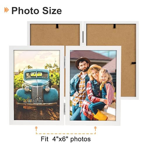 AEVETE 4x6 Picture Frames Double Hinged Wood Folding Photo Frames Vertical with Plexiglass Front, White