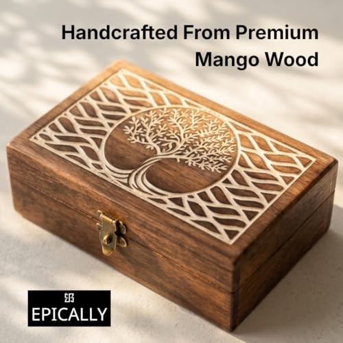 Rustic Wooden Memories Keepsake Box (8x5x3in) | Decorative Celestial Witchy Box For Alchemy, Tarot Card, Apothecary, Alta...
