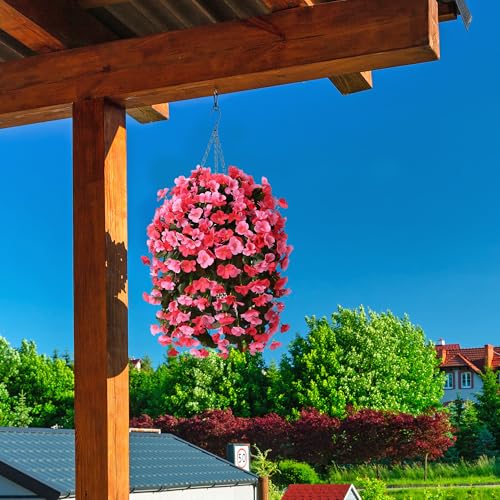 INQCMY Artificial Hanging Flowers Basket for Outdoors Spring Summer Decoration,Faux Silk Begonia in Planter Look Real UV R...