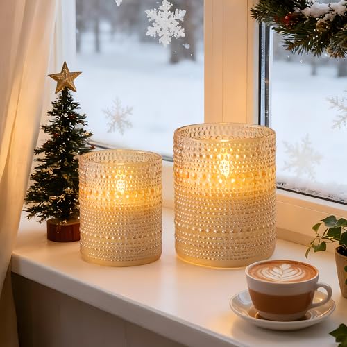 Velsyn Dotted Glass Flameless Candles with Remote Timer, Real Wax Battery Operated LED Pillar Candles with 3D Flickering F...