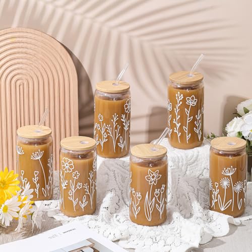 Mumufy 6 Sets Boho Floral Glass Cups with Clear Gift Bag 16 oz Reusable Flower Iced Coffee Mugs Aesthetic Cute Tumbler wit...
