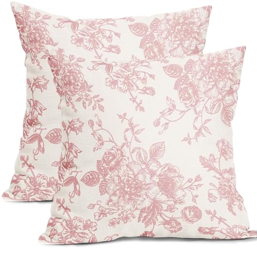 Kawani Pink and Cream Floral Pillow Covers 22x22 Inch Set of 2 Vintage Throw Chinoiserie Flower Pillowcases Farmhouse Cott...