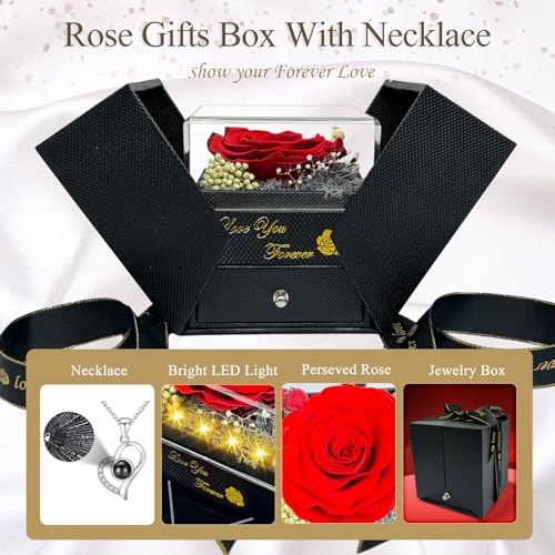 Megapuxin Preserved Real Rose with Heart Necklace for Her, I Love You Necklace 100 Languages Projection, for Mom Wife Girl...