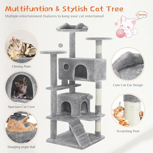 Sweetcrispy 54 Inch Cat Tree Tower, Multi-Level Tower with Cat Scratching Post, Indoor Cat Condo with Climbing Ladder, Plu...