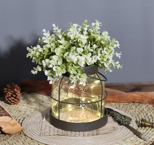 Dnnnii Vintage Glass Farmhouse Vase - Handmade Rustic Lantern Planter with Bonus Artificial Flowers & LED Lights (Home Dec...