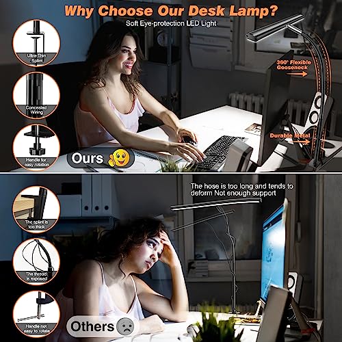 Airlonv LED Desk Lamp for Office Home, Eye-Caring Desk Light with Stepless Dimming Adjustable Flexible Gooseneck, 10W USB ...