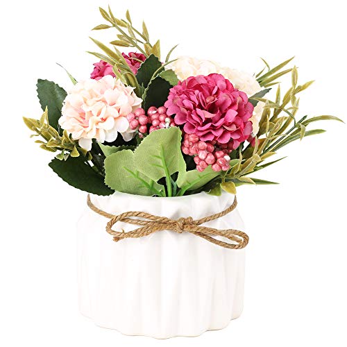 SUPNIU Artificial Hydrangea Bouquet with Small Ceramic Vase Fake Silk Variety Flower Balls Flowers Decoration for Table Ho...