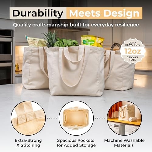 VeraMia Canvas Grocery Bag 3pc XL Set with Real Pockets, Long Shoulder Strap and Short Handle. Heavy Duty, Foldable, Washable