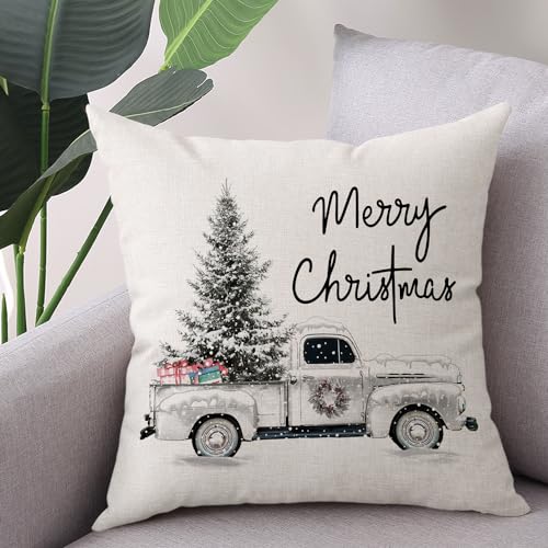Coeufuedy Christmas Pillow Covers - 18x18 Inch Set of 4 Home Noel Truck Tree Holiday Cushion Covers Farmhouse Christmas De...