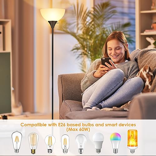 Coucrek Floor Lamp, LED Standing Lamps with White Plastic Shade, Black Modern Torchiere Floor Lamp, Tall Lamps for Living ...