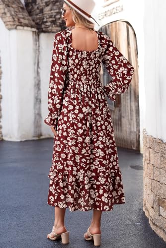 Dokotoo Boho Dresses for Women 2025 Casual Floral Square Neck Long Sleeve Smocked Elastic Waist Tiered Ruffle Hem Maxi Dress
