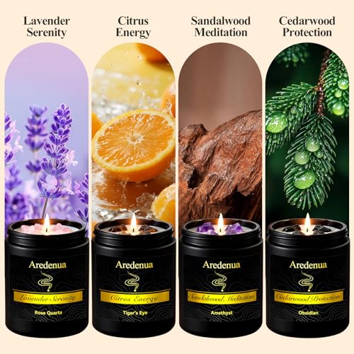 Aredenua Scented Candles Set, 4 Pack Crystal Healing Candles with Rose Quartz Amethyst Tiger Eye Obsidian, 7oz Natural Soy...