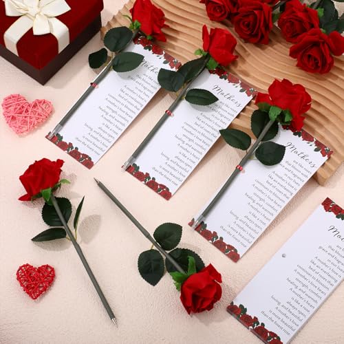 Sayglossy 12 Sets Rose Pen Mother's Day Gifts Artificial Red Flower Ballpoint Pens with Inspirational Praise Card Rose Par...
