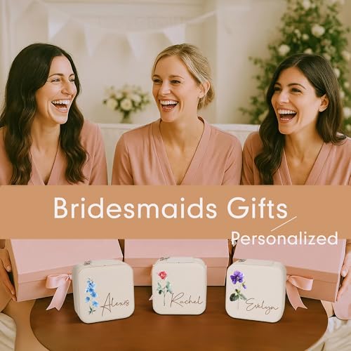 DayOfShe Personalized Travel Jewelry Box with Name and Birth Flower Bridesmaid Proposal Gifts,Personalized Mothers Gifts C...