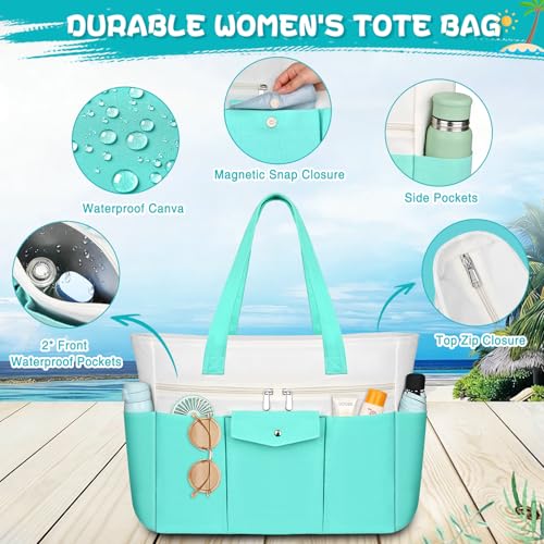 ZENTREON Beach Bags for Women Large Canvas Beach Tote with Zipper Wet Pocket, Waterproof Foldable Swim Pool Travel Tote Bags