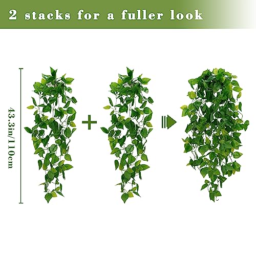 BLEUM CADE Fake Hanging Plants, 2pcs Artificial Pothos Vines Greenery for Wall Home Living Room Office Indoor Outdoor Deco...