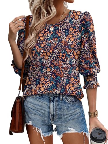XIEERDUO Blouses for Women Dressy Casual 3/4 Length Sleeve Womens Tops with Smocked Cuffs