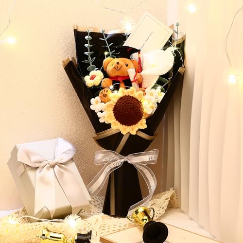 HyDren Graduation Bear Bouquet Handmade Crochet Flower Bouquet Artificial Sunflower Calla Lily Daisy Graduation Flowers Gr...