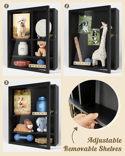 Pet Memorial Shadow Box, 14.7"x 12" Dog Memorial Shadow Box with Adjustable Shelves & Pin-Back Board, Wooden Pet Memorial ...