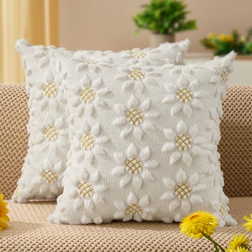DFXSZ Spring Summer Pillow Covers 18x18 inch Set of 2 Farmhouse Decor Yellow Color Flower Heart Sunflower Soft Plush Faux ...
